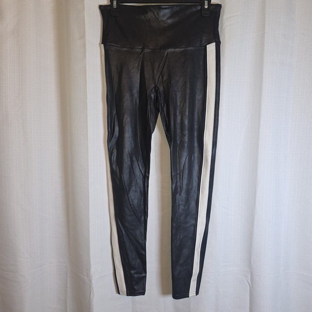 Spanx Womens Black Faux Leather White Stripe Leggings Size Large